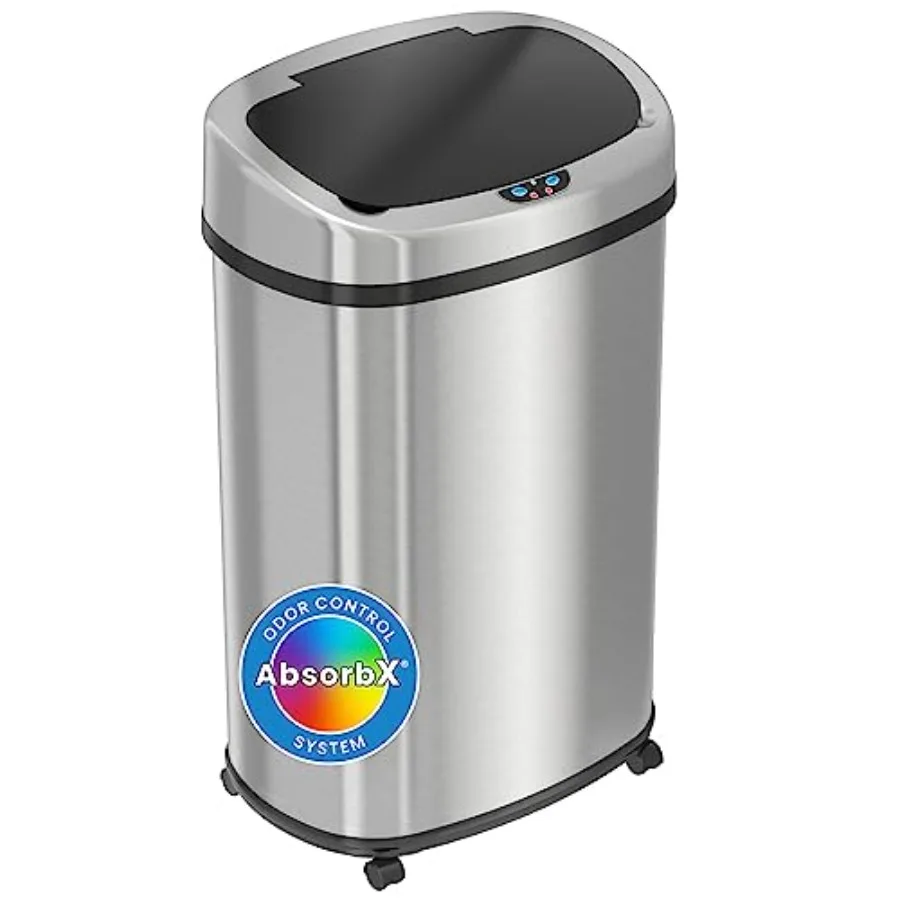 

13 Gallon Motion Sensor Kitchen Trash Can with Lid and Wheels Stainless Steel Oval Odor Filter Slim Garbage Bin for Home Office