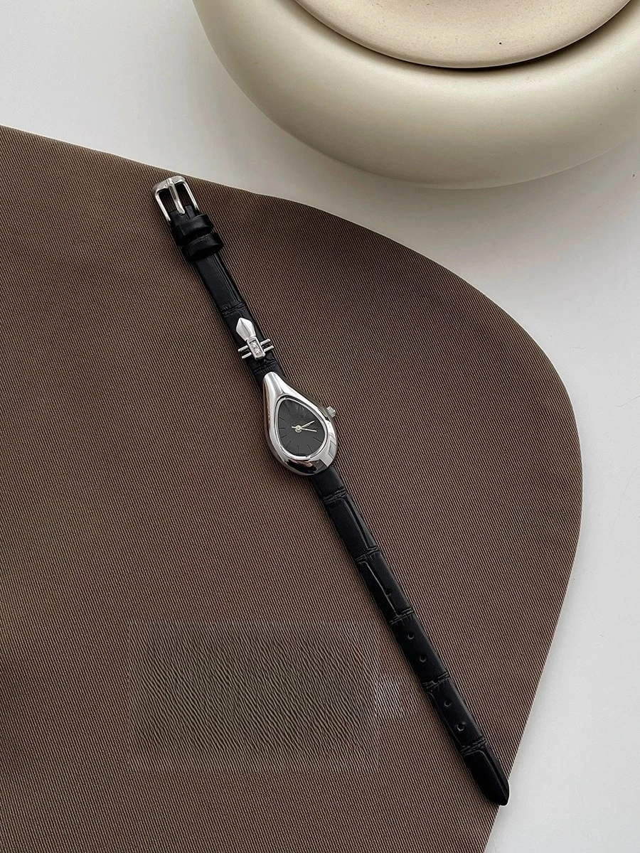 Water Drop Black Silver Pipa 2025 New Women's Niche Light Luxury High-end Retro Quartz Watch Women