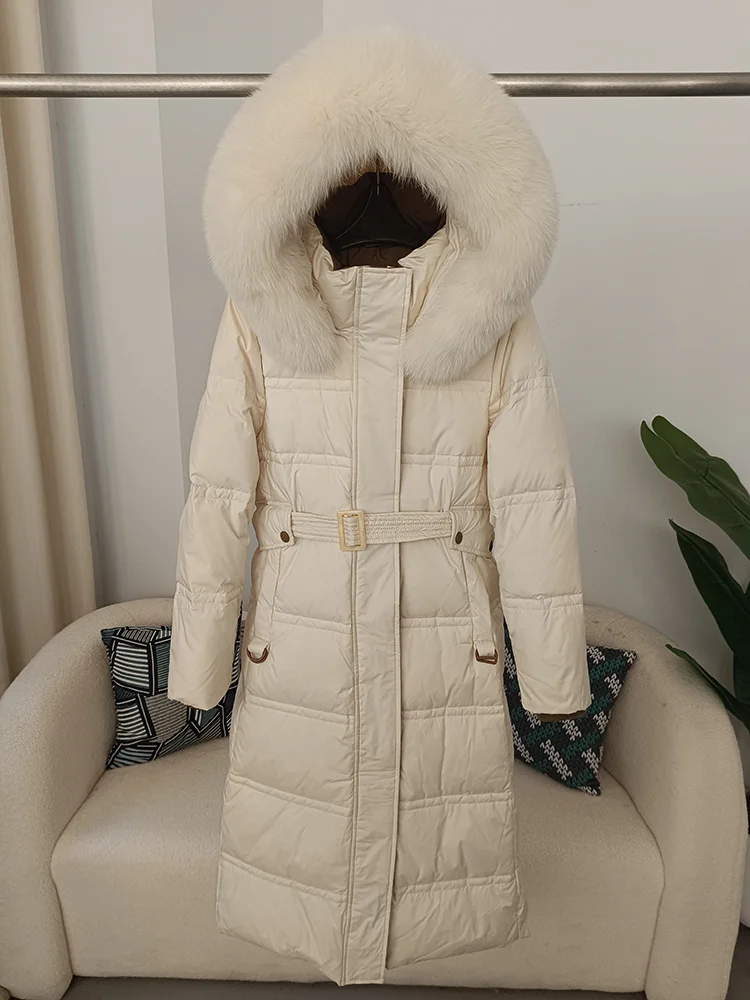 معطف نسائي لعام 2025 بياقة من فرو الثعلب الراكون الحقيقي وطبيعي سميك ودافئ معطف شتوي طويل وحزام ملابس خارجية ملابس خروج #6