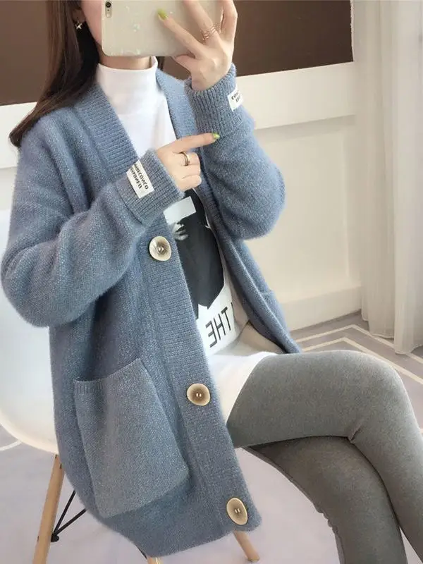 Loose Women's Knitwear Cardigan Thickened Autumn Winter Outerwear Casual Style Long Sleeve Button up Shirt Shoulder Pads Incl...