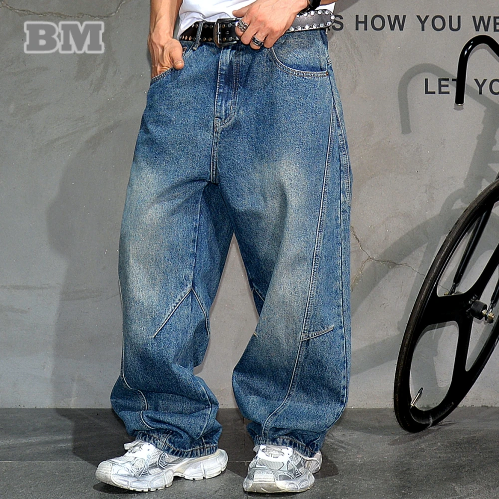 

American Retro Washed Blue Wide Baggy Jeans Men Loose Straight Denim Pants High Quality Stacked Long Trousers Casual Trendy