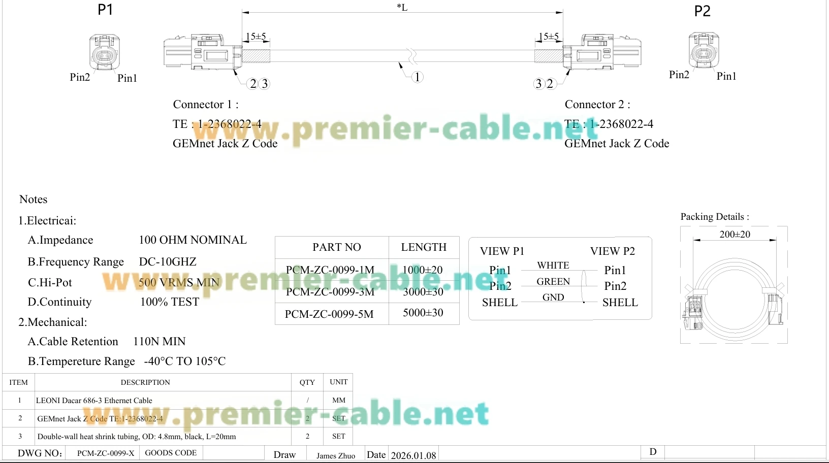TE GEMnet Z Code Buchse-zu-Buchse Automobil-Ethernet-Kabel 10Gbps Fahrzeugnetzwerkkabel 1-2368022-4 für ADAS, Domain-Controller – Detail 1