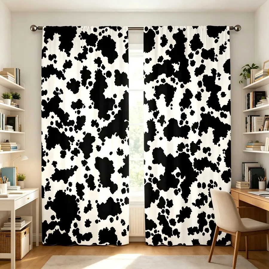 2PCS Digital Print  Curtain, Black White Spots, Bohemian Style  Curtain Panel for Home Living Room Bedroom Decor