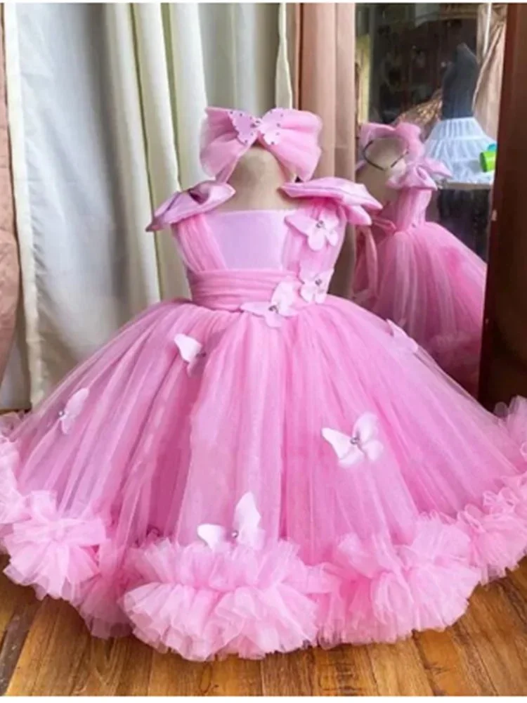 

Cute Flower Girl Dresses For Wedding Puffy Tulle 3D Butterflies Princess Birthday Party Ball Gowns First Communion Dress