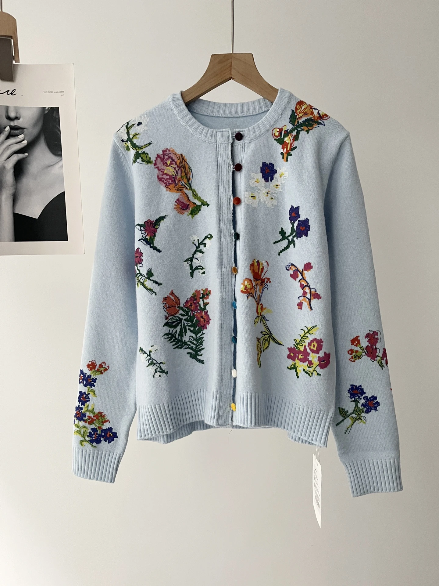 Temperament Versatile Long Sleeve Embroidered Crew Neck Knitted Cardigan Flower Sequin Blue Sweater 51c-PB