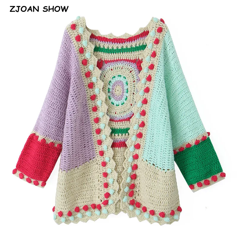 2024 BOHO Contrast Color Hand Crochet Cardigan Ethnic Woman No Button Open Stitching Full Sleeve Sweater Beach Knitwear Jumper