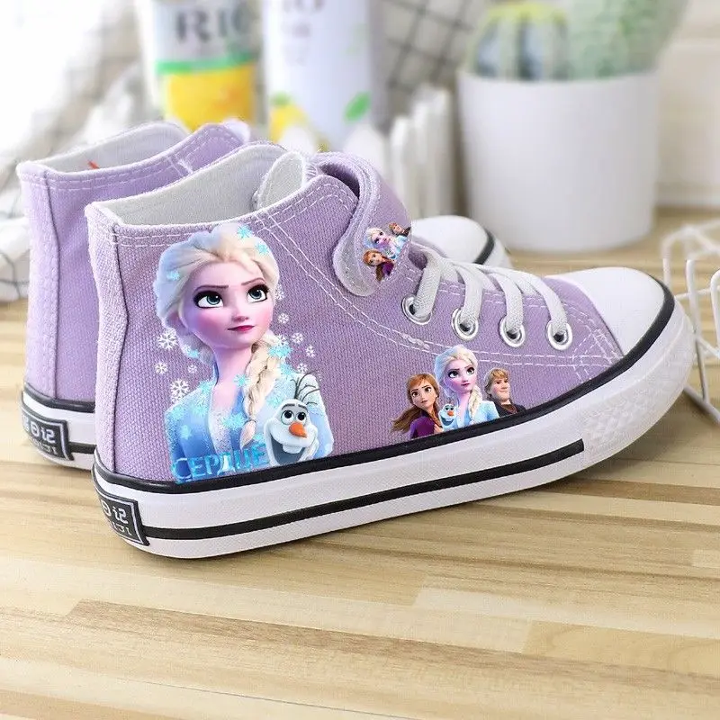 Disney-zapatos informales para niñas, Zapatillas altas para niños, zapatos de tablero, princesa Elsa, rosa, púrpura, talla 25-37