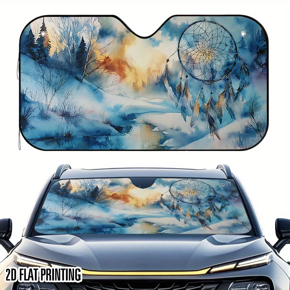 1pc 2D Flat Snowfield Dream Hunting Wolves Car Sunshade – Maintains Car Temperature, Trendy Design, Collapsible, Comes With 4 Su
