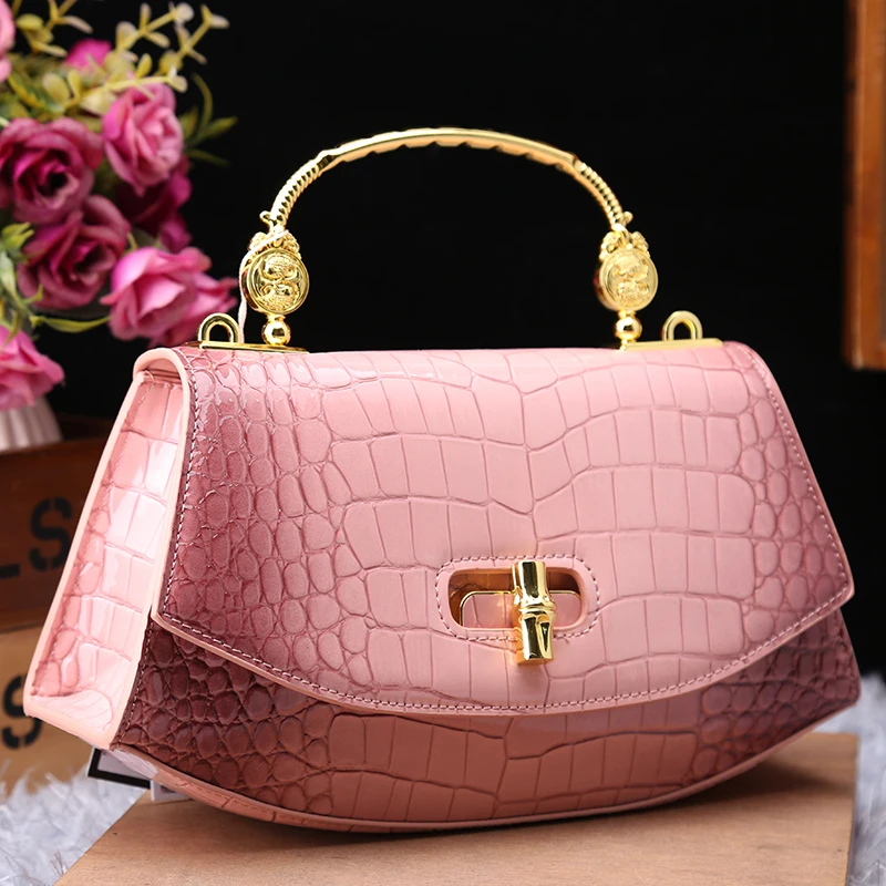 Luxury Fashion Genuine Leather Women\'s Handbags 2024 New Crocodile Pattern Shoulder Messenger Bag Small Portable Saddle Bags