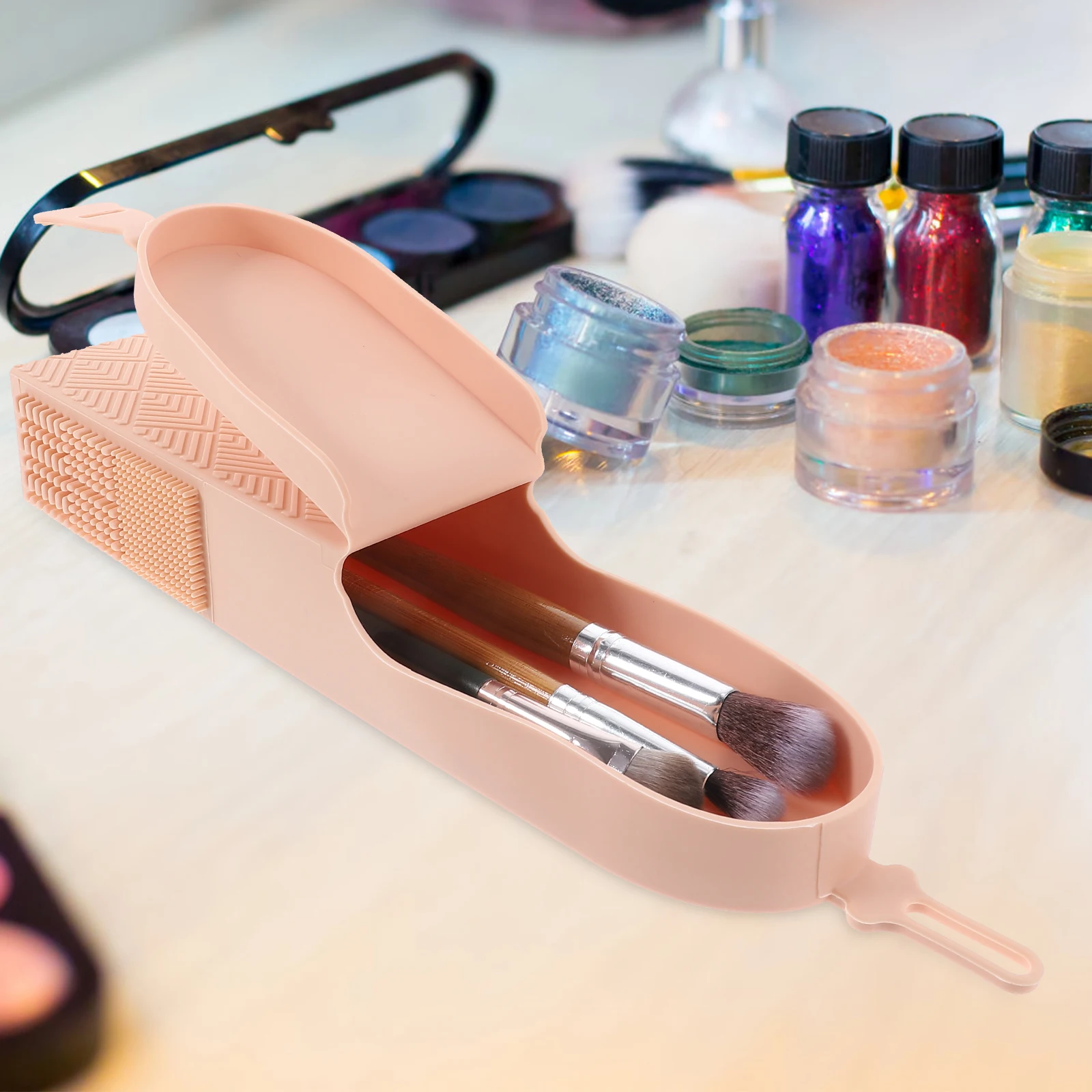 

Silicone Makeup Brush Holder Portable Travel Case Dustproof Large Capacity Long Size Pink Color Makeup Supplies