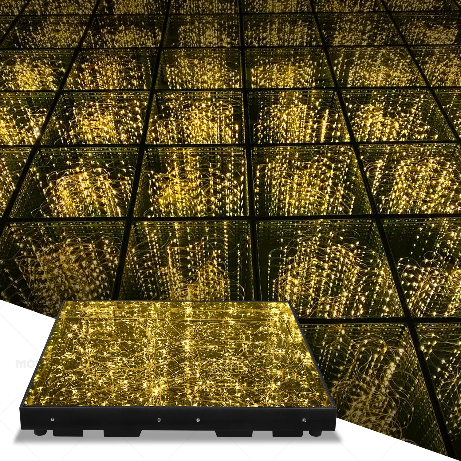 MOKA 8X8FT LED Dance Floor Golden Light Up Dance Floor 3D Mirror Wired Dance Floor Tiles for Wedding Stage Club Banquets 25PCS