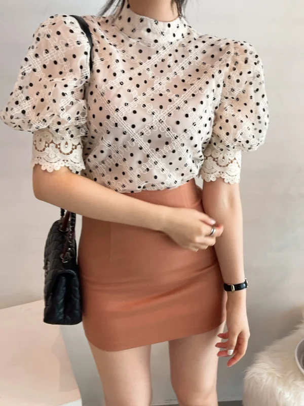 

Корейское романтическое платье в стиле придворной моды с коротким рукавом, женское, с воротником-стойкой, струящееся, в горошек, с кружевными вставками, полупрозрачное, для зрелых женщин