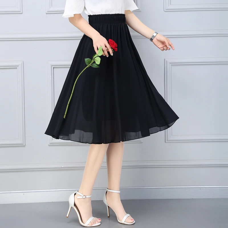 #1705 Black White Green Red Blue Chiffon Skirts Womens Elastic High Waist Pleated A-line Skirt Female Formal Skirt Knee Length