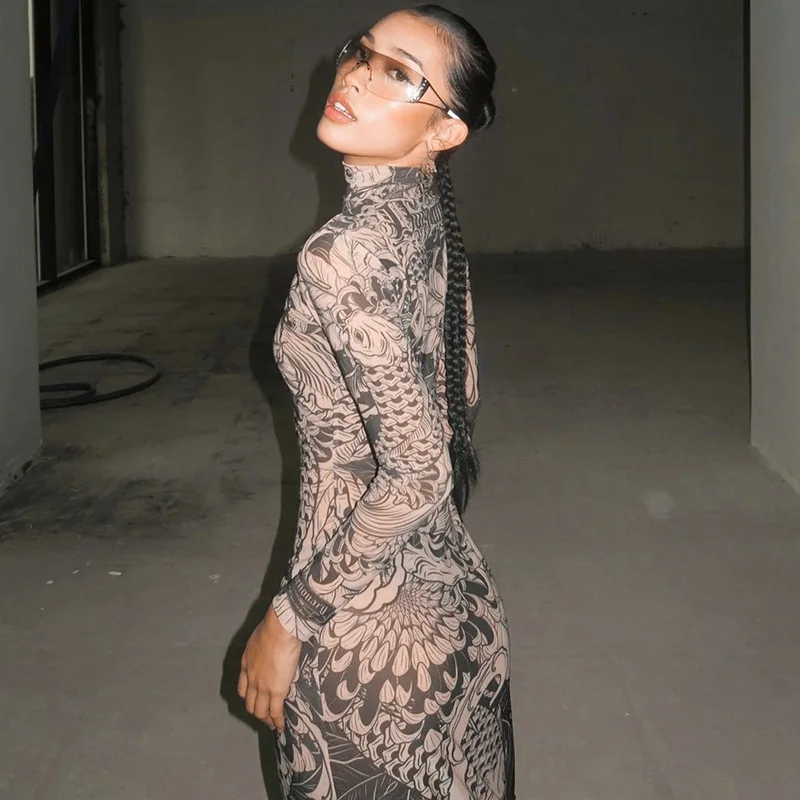 女性のためのハイネックロングドレス,メッシュ,Vネック,スリムフィット,長袖,セクシー,タイト,ダークゴシック,秋,新作