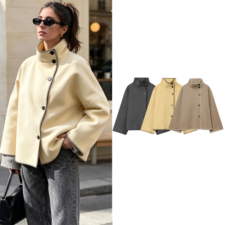 Women Fall Fashion Loose Coat Women Casual Coat Long Sleeve Turtleneck Single-Breasted Decorate Solid Street Style Lady Jackets