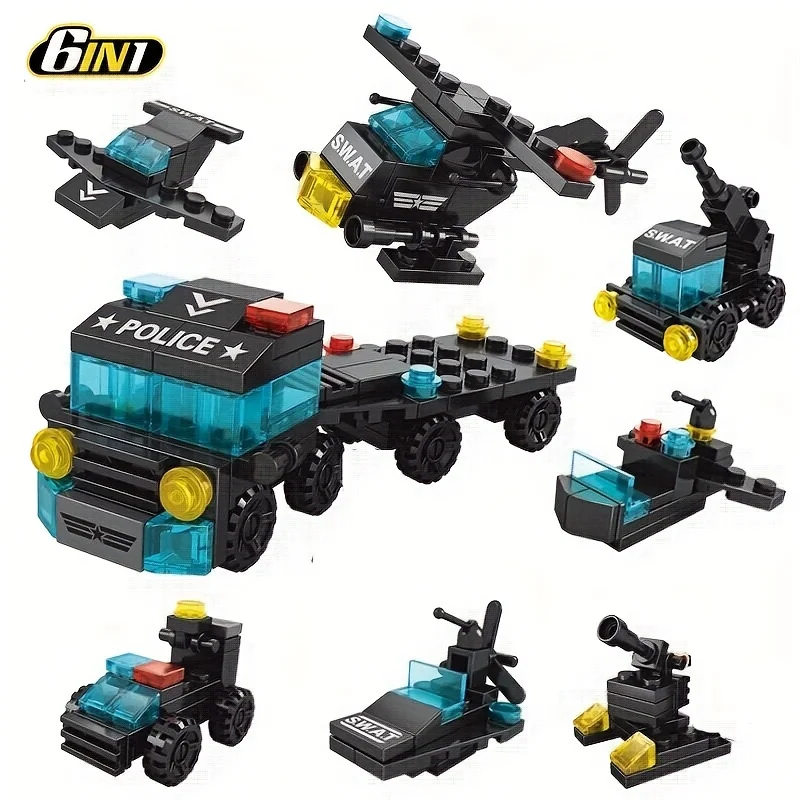 123Pcs 6 In 1 Mini Size SWAT Police Truck Model Building Blocks City Machine Helicopter Car Figures Bricks Educational Toy for