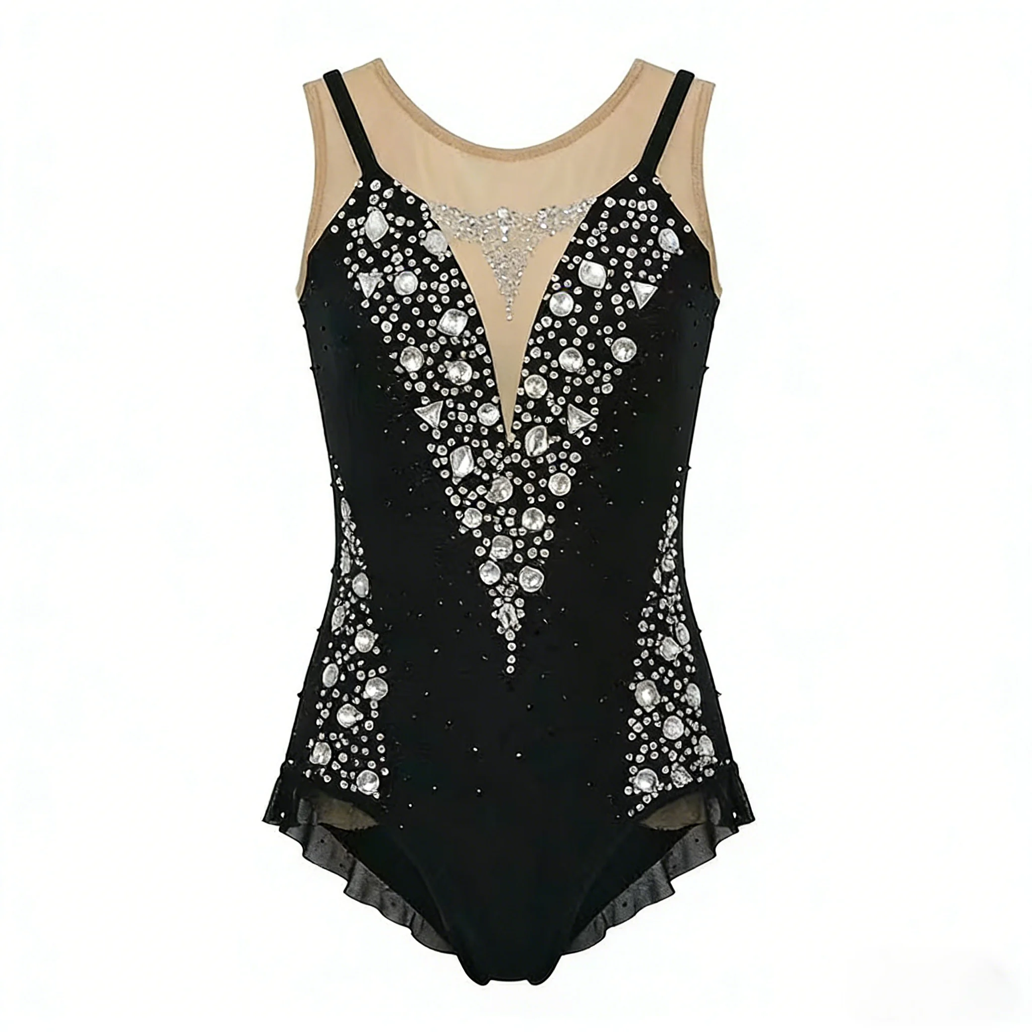 

Women's Black Figure Skating Dress Sleeveless Mesh V-Neck Leotard Sparkling Rhinestones Ruffled Hem Professional Gymnastics