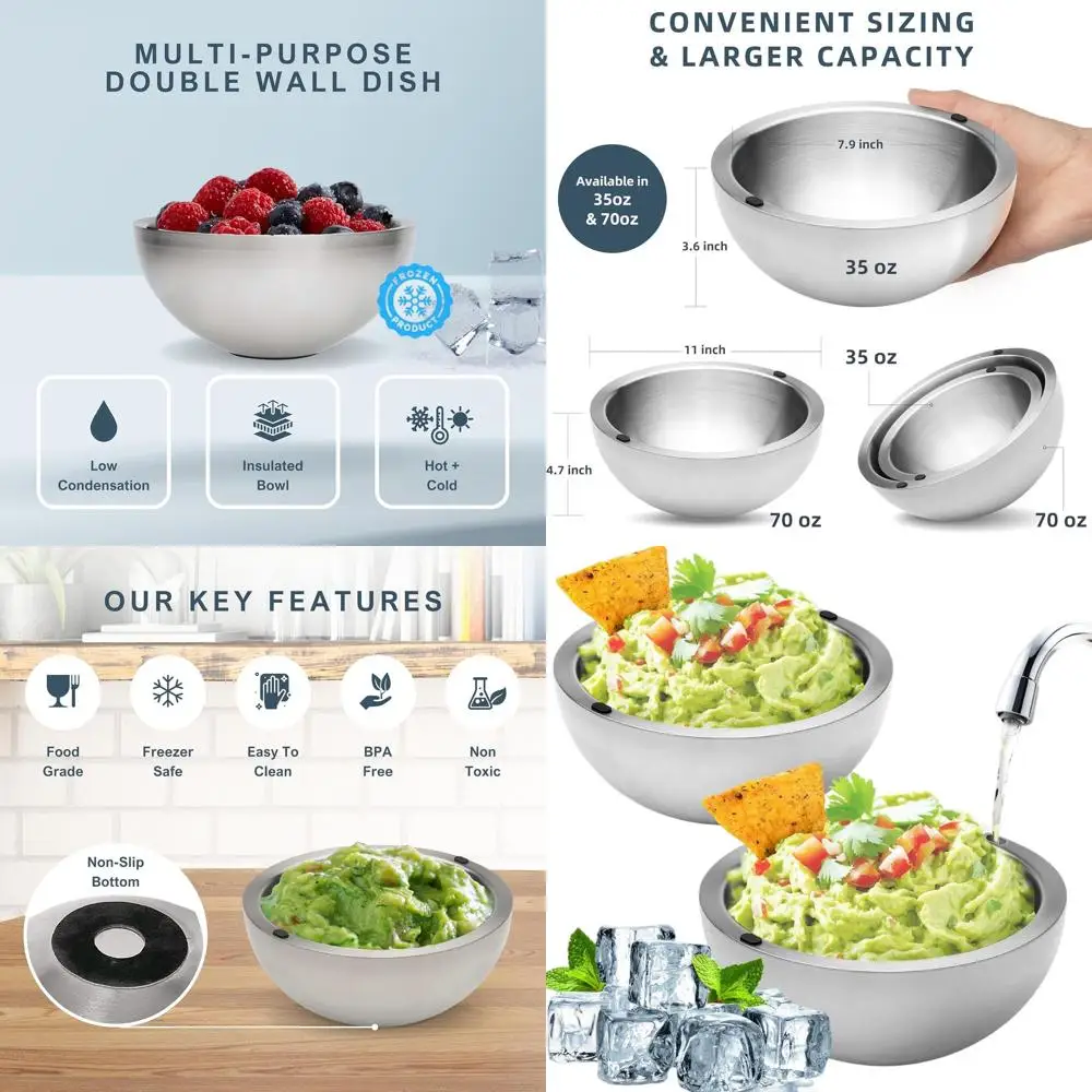 

Большая термоизолированная сервировочная чаша из нержавеющей стали объемом 70 унций - сохраняет соусы, гуакамоле, приправы и салаты горячими или холодными (2 чаши)