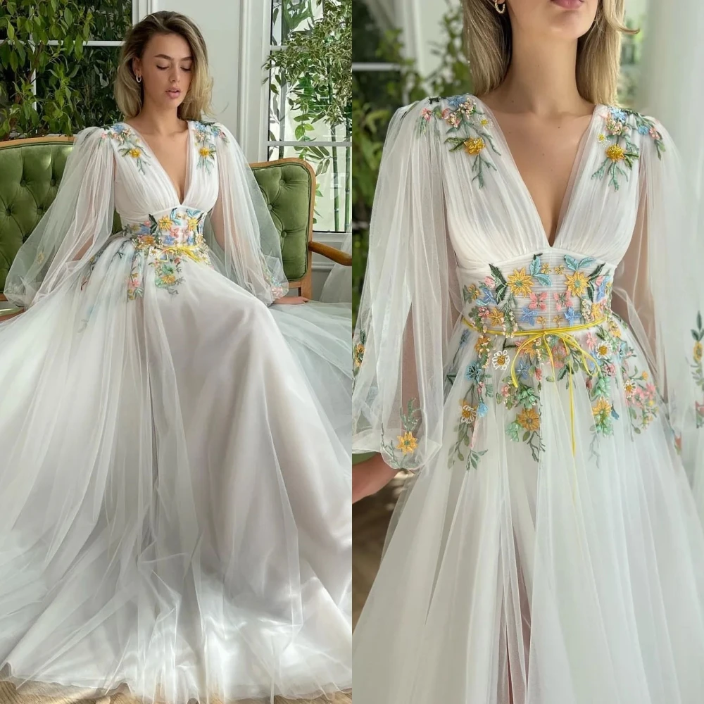 Ball Women Prom  Casual  V-neck  Gown Quinceanera Dress Embroidery Draped Floor Length Net/Tulle Evening 프롬드레스