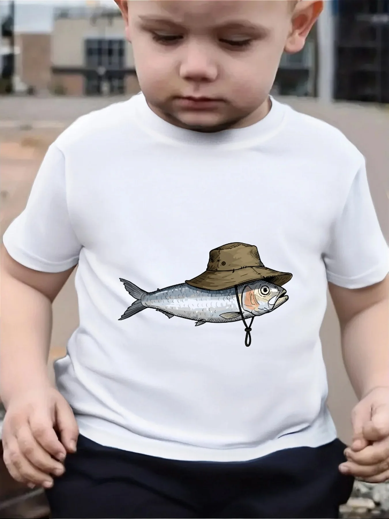 Cute Fish With Fisherman Bucket Hat Print Family Matching T Shirt Boys Girls Short Sleeve Parent Child Cotton Casual Tops