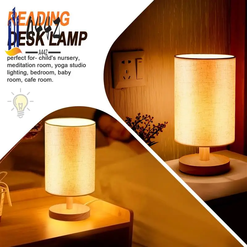 

A44Z-Round Bedside Table Lamp Nightstand Lamp With Fabric Shade And Solid Wood For Bedroom, Living Room Modern Office