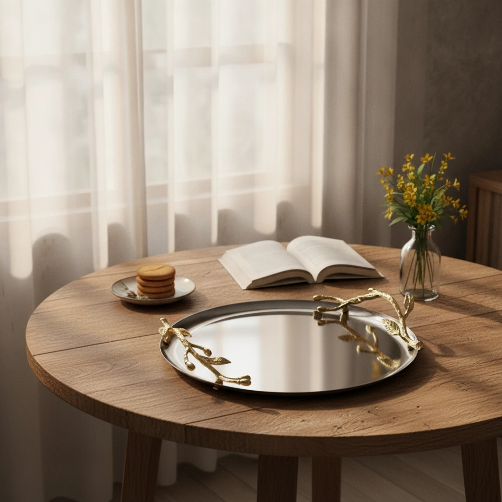 Stainless Steel Tray with Gold Branch Accents Round Mirrored Metal Tray Serving Platter Decorative Sleek for Hosts, Tea Service