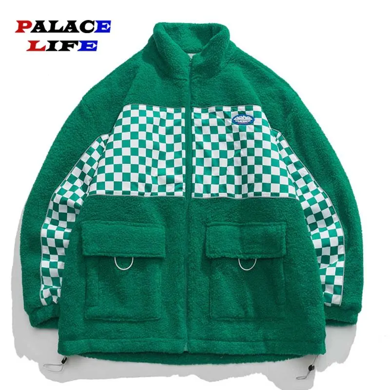 

Lambswool Parkas Jacket Men Streetwear Harajuku Plaid Patchwork Pocket Warm Padded Jacket Loose Casual Oversized Couple Clothing