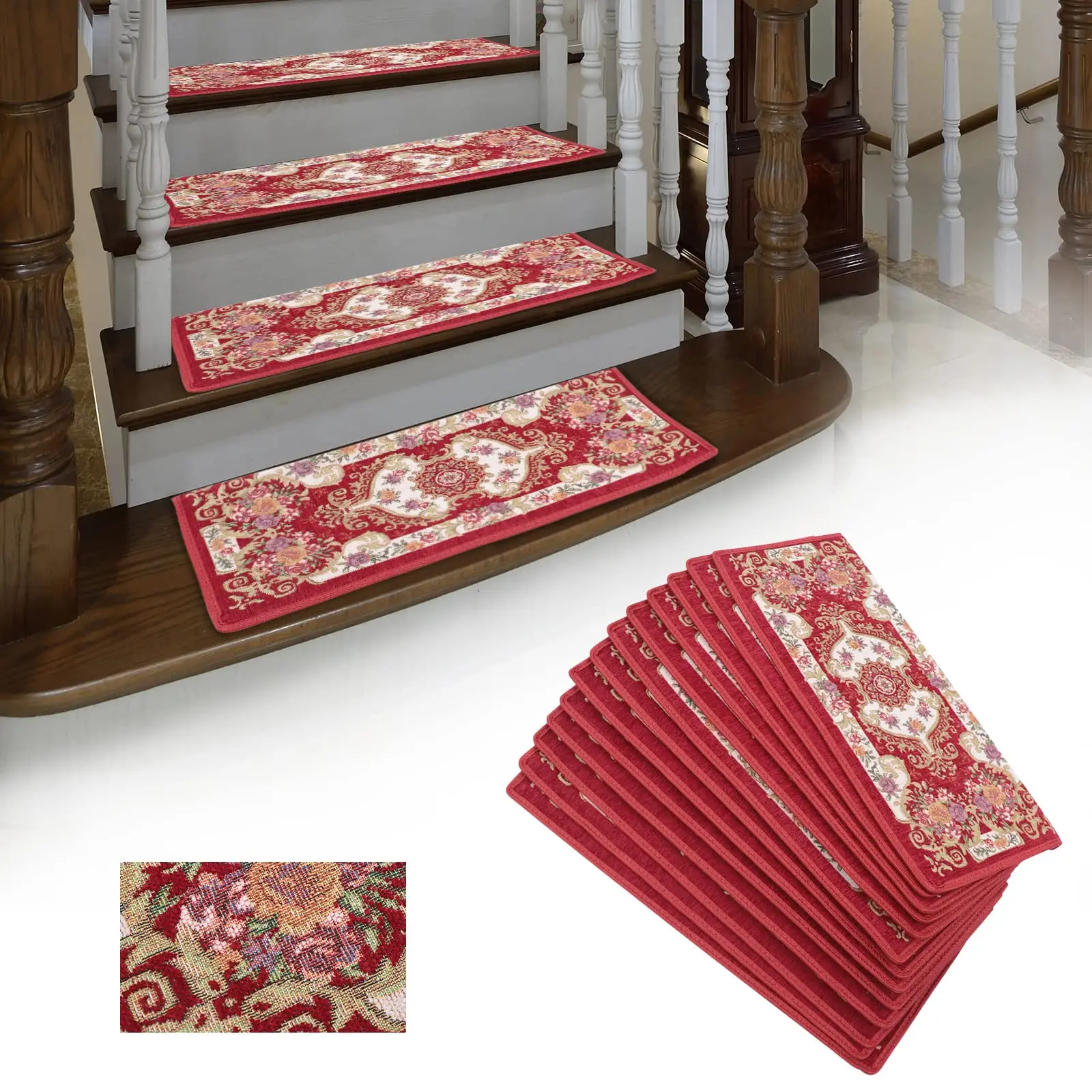 

13Pcs Stair Treads Carpet, Non-Slip Washable Stair Treads Carpet with Skid Resistant Silicone Backing Indoor Wooden Step Mats Se