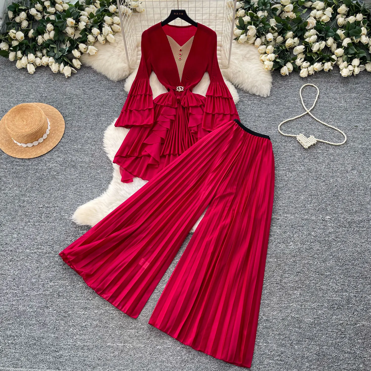

Pant Set Women Two Piece Sets V Neck Full Sleeve Pleated Tops Tight Waist Wide Leg Long Pants Y2k Streetwear Elegant Spring 2026