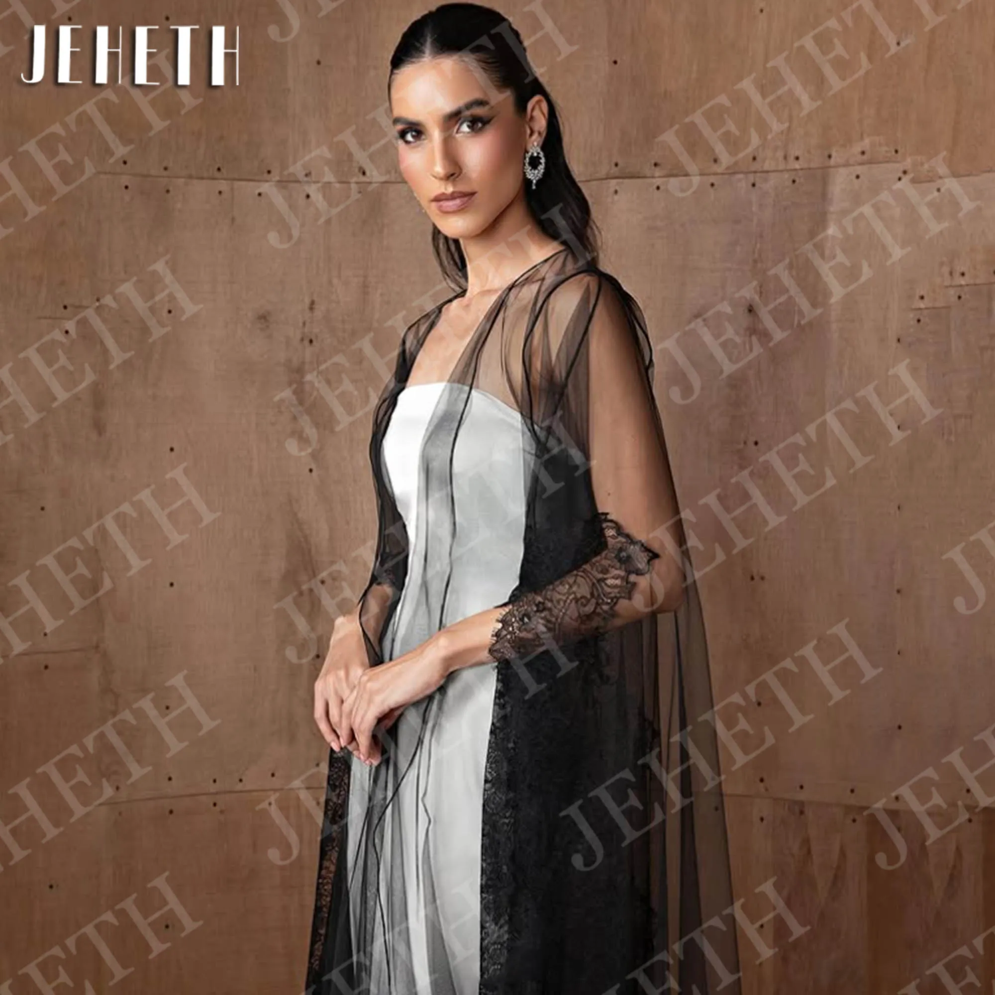 JEHETH Abiti da sera dell'Arabia Saudita eleganti con mantella in tulle nero Abito da festa formale a sirena senza spalline Personalizzato Arabia Saudita Abiti da sera Elegante con Nero Tulle Cape formale senza spallin