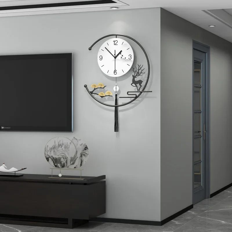 Wall clock living room advanced sense new Chinese home decoration punch-free clock hanging wall modern simple quartz clock image 3
