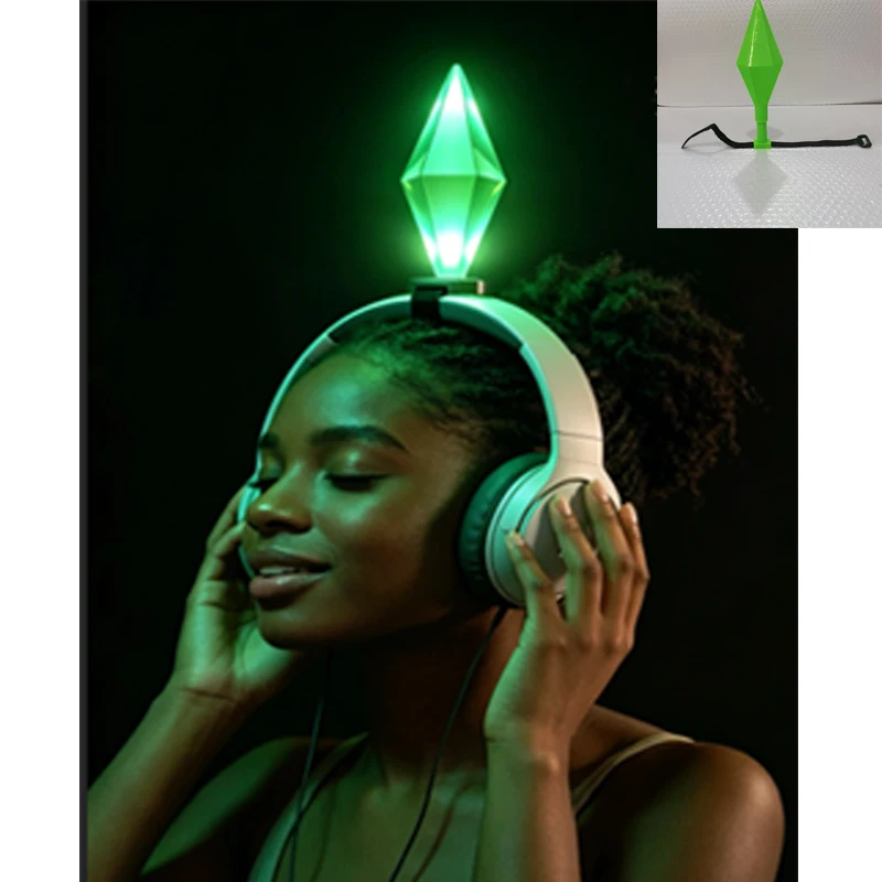 2pcs Glowing Light Up Green Shard for Headband or Headset, LED Flashing Patch with Magic Tape, Plastic DIY Costume Party