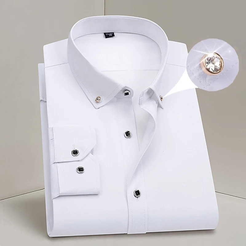 Gran oferta, camisa de vestir de negocios para hombre, moda Formal, fina, clásica, básica, con botones de diamante, camisa blanca Social de manga larga, ropa para hombre
