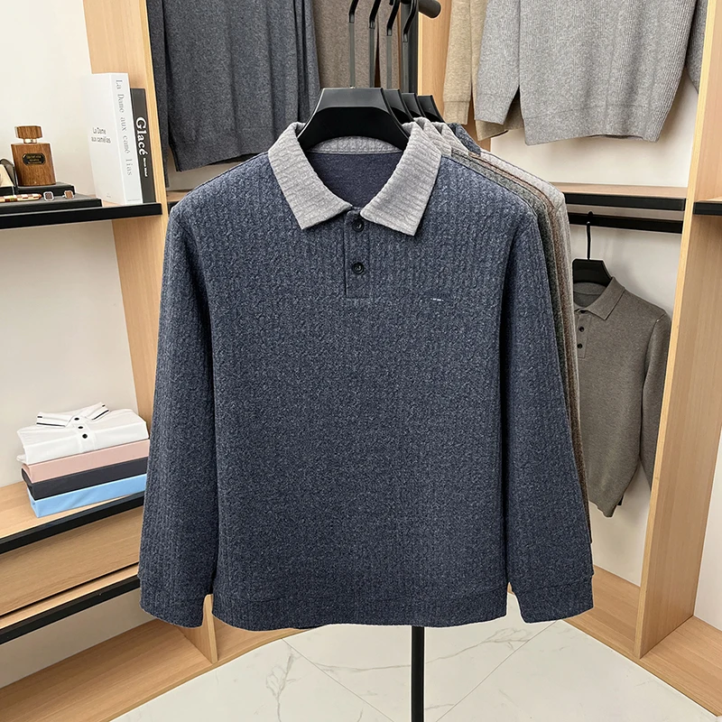 Hochwertiges Herren-Polohemd mit Print, Herbstneuheit, bequemes Langarm-T-Shirt mit Revers, einfarbig, modische Business-Herrenbekleidung – Detail 10