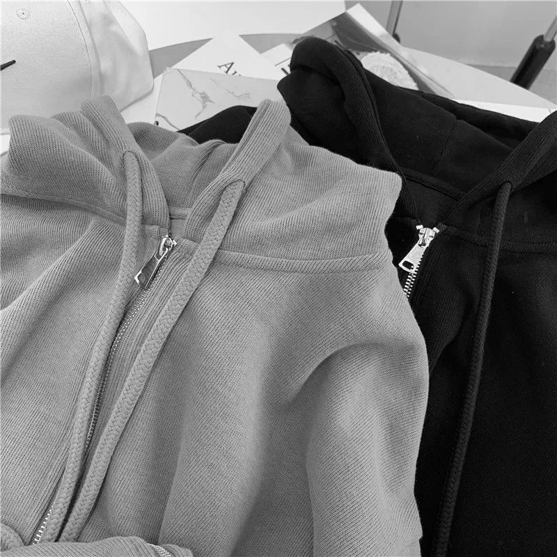 2025 New Hooded Grey Cardigan Hoodie Women's Autumn Winter Loose Lazy Style Zipper Design Solid Color Thin Coat Long Sleeve