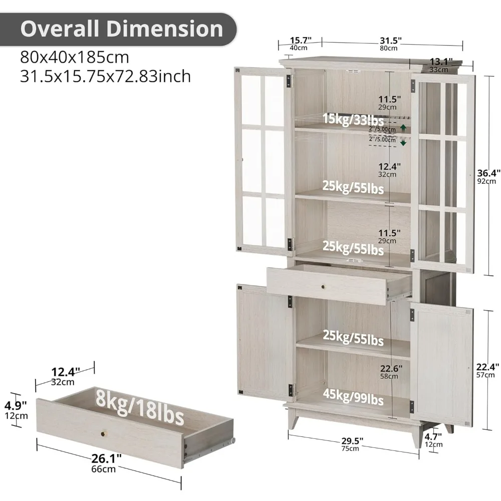 Estante branca ajustável de 5 camadas com gavetas, 72,8" de altura para quarto