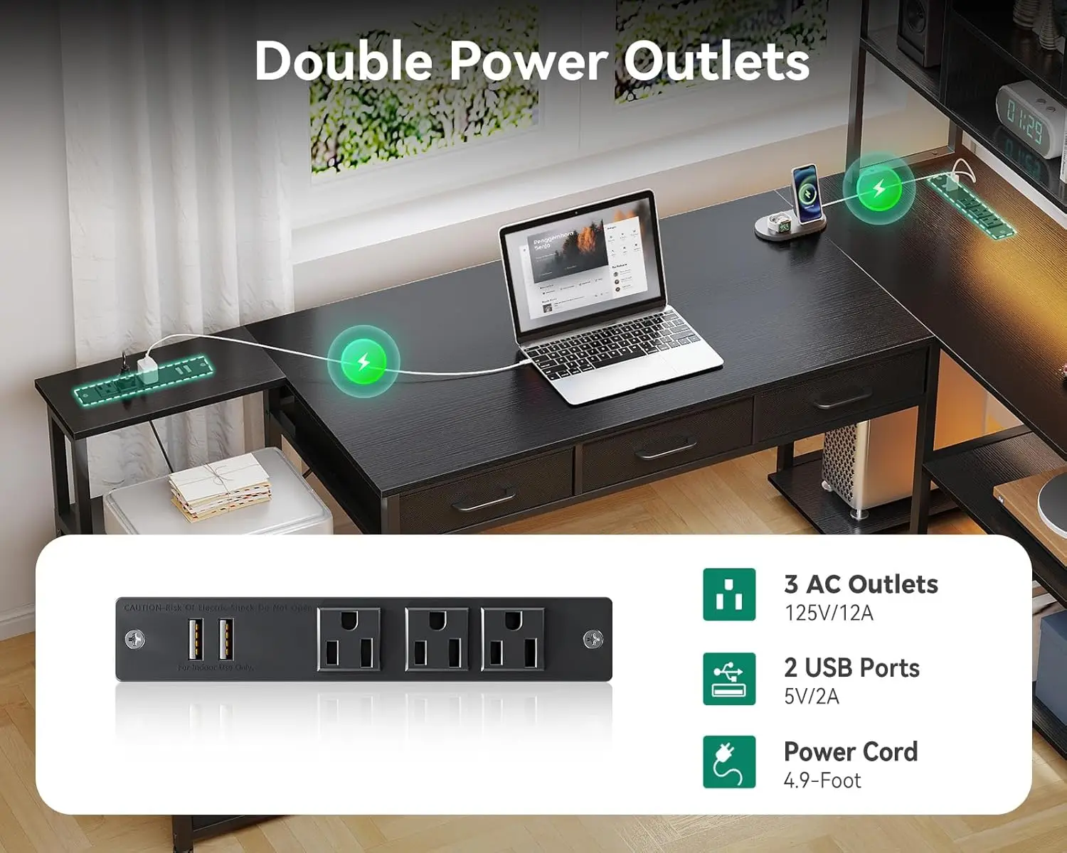 79' L型ゲーミングデスク、引き出し5つ、LEDライト、コンセント2つ付き、ブラック