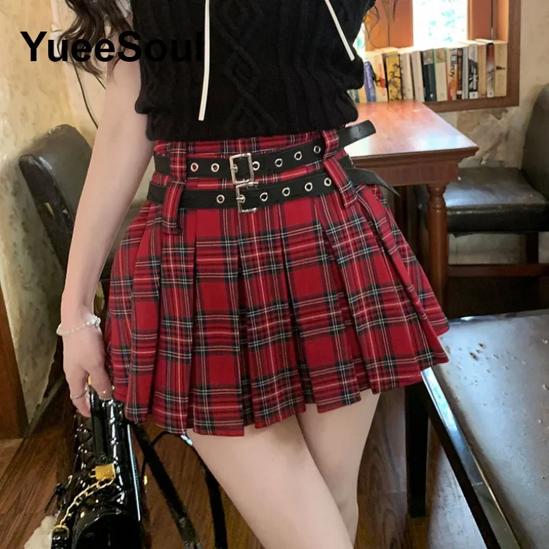 American Vintage Plaid Mini Skirt High Waist Pleated Skirts Y2K Sweet Cute Fairycore Grunge Harajuku Preppy style Women Clothes