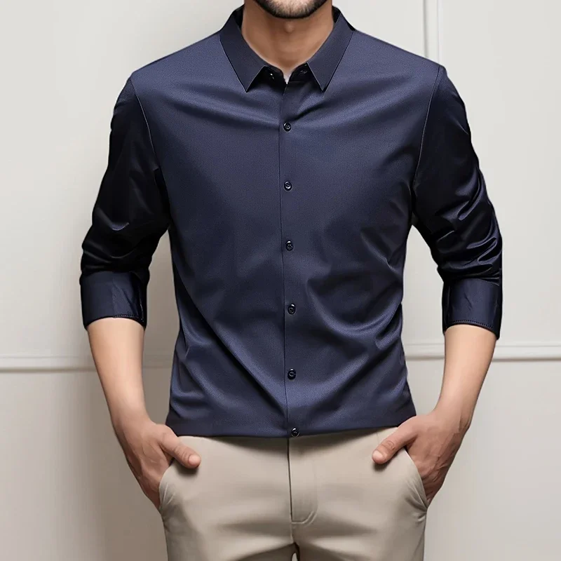 New Men's Business Casual Long Sleeved Solid Color Shirt Wrinkle Resistant Wrinkle Free Comfortable All Season Versatile Top