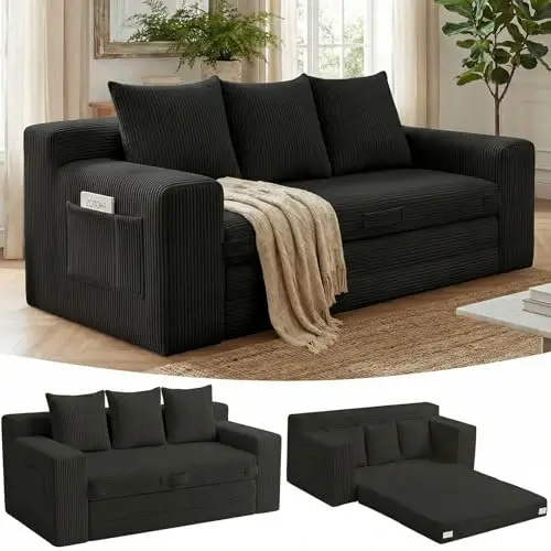 Boneless Couch,3 Seater Boneless Couch Bed – 3-in-1 Convertible Sleeper Sofa with Side Pockets & Handle,Pull Out