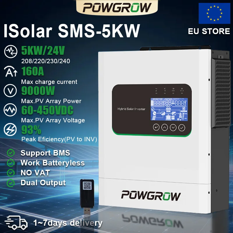 Inverter Solare Off-Grid POWGROW 5KW 24V con Caricatore Solare MPPT 160A, Inverter 230VAC, Ingresso PV 500VDC e Doppia Uscita, Include Wi-Fi