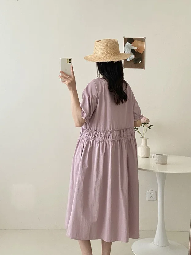 New 2026 Summer Women Cotton Short Sleeve Dresses, O Neck Folds, Mori Girl Fashion Age Reduction Loose A-line Dress D64158CC