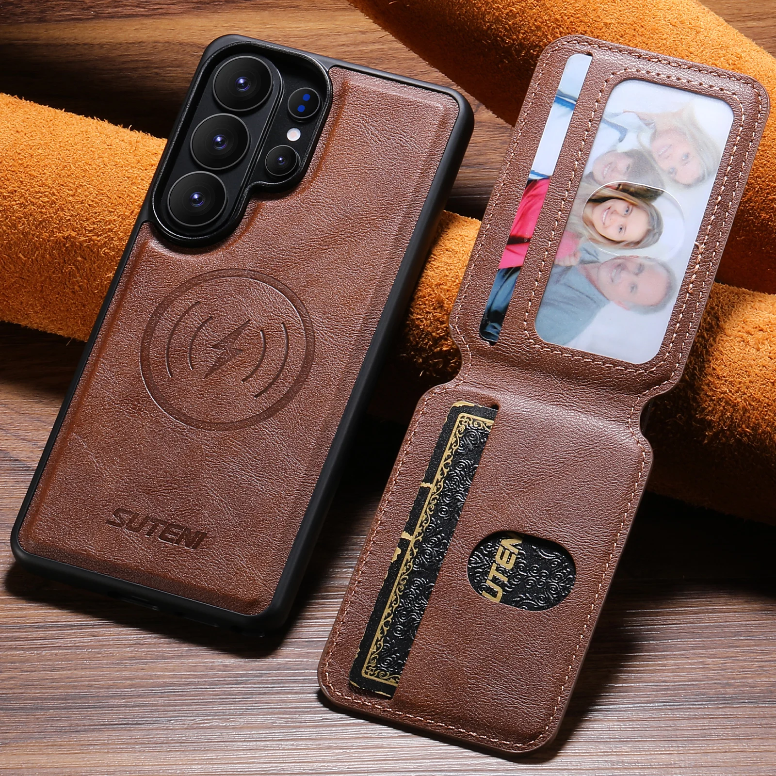 Magnetisches kabelloses Ladegerät Luxus-Kunstleder-Handyhülle Kartenhalter Ständer für Samsung Galaxy S26 Ultra S25 S24 S23 S22