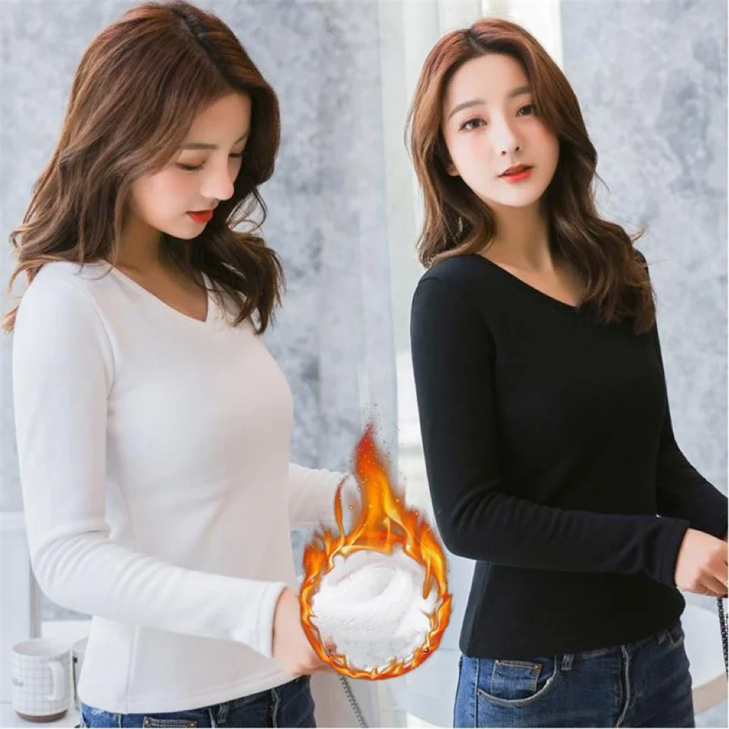 1 Uds. Camiseta de manga larga de Otoño Invierno para mujer, ropa interior térmica de terciopelo grueso, Top ajustado a la moda, nuevo estilo con cuello en V
