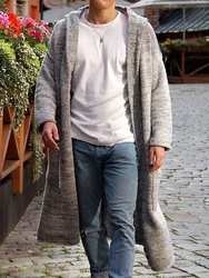 Male Autumn Winter Gray Cardigan Sweatercoat Patchwork Pockets Long Loose Outerwear Full Sleeve Men Knitwear Hooded Casual Coat