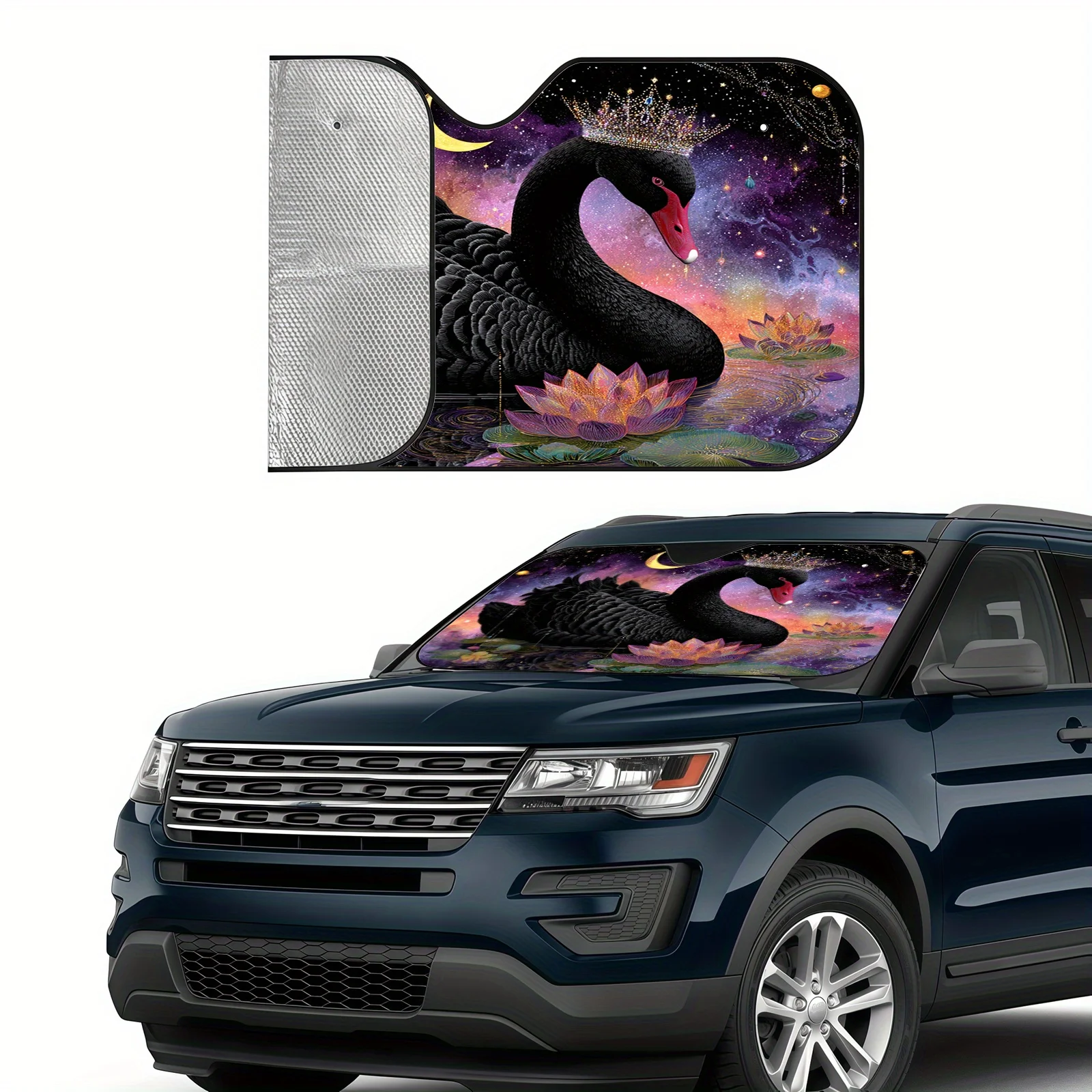 Starry Sky Black Swan Car Sunshade, Dreamy Cosmic For Background, Heat-Insulating And Durable, Comes With 4 Suction Cups To Bala