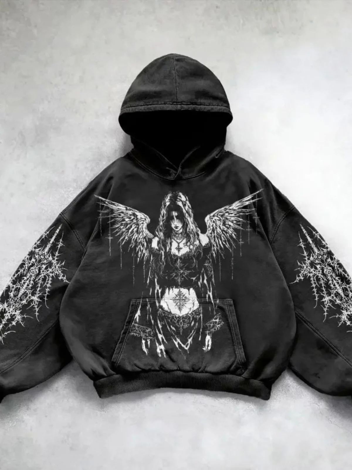 Vintage Printed Long Sve Hoodie Sweatirt Street Sle Thiened Casual Women's Clothing Hooded Jaet Cartoon Pattern