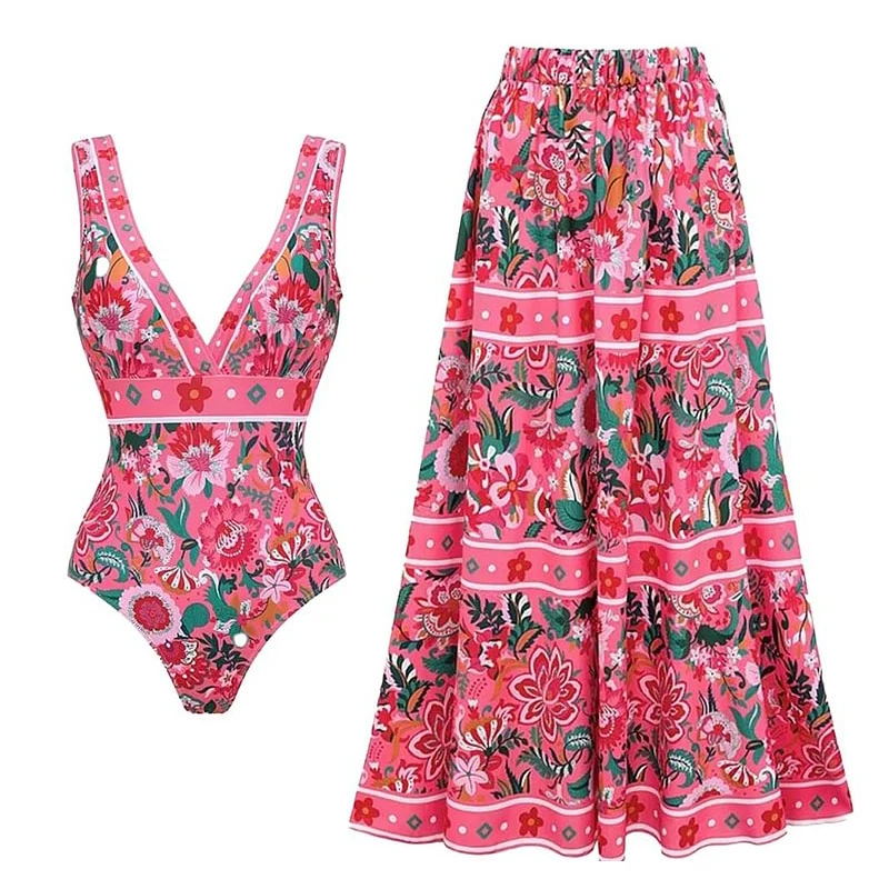 Women Floral Print One-Piece Swimsuit Set Print V-neck Push Up Women Swimwear Monokini Bodysuit Luxury Summer Bathing Suit