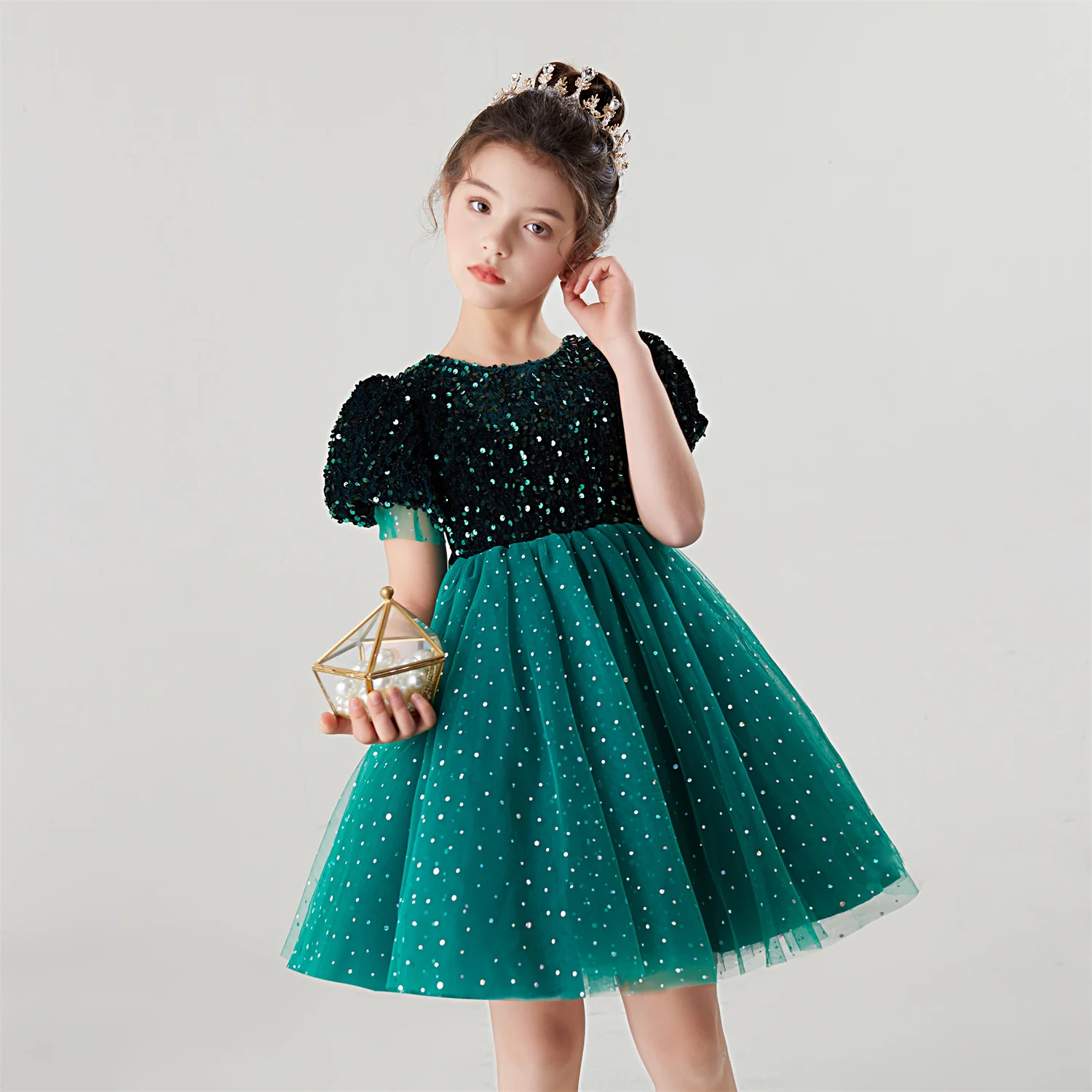 

Girl's dress Skirt Christmas Dinner skirt sequin red Green Princess skirt short sleeve mesh gauze puffy Bubble Ball Gown