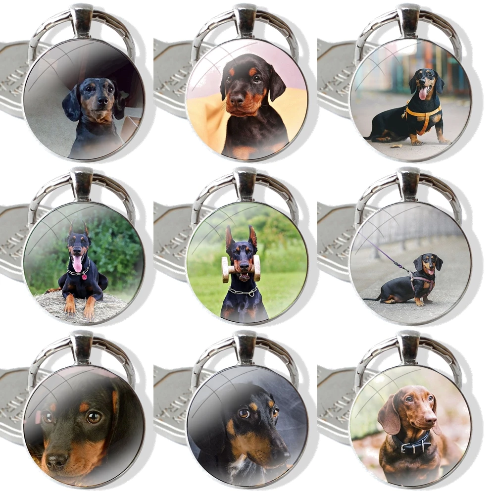 Keychain Handmade Glass Cabochon Key Ring Holder Pendant Key Chains Cute Dachshund Doberman Dog